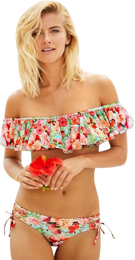 ISSHE Bikini Damen Set Bademode Push Up Triangle Rüschen Bikini Bandeau Schöne Bikinis Blumen