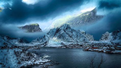 Clouds P Norwegian Blue Snow Geirangerfjord Norway Village