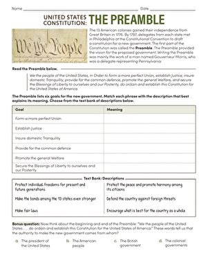 The United States Constitution The Preamble Worksheet