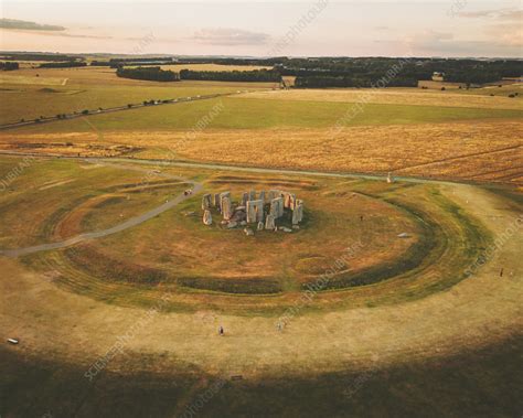 Aerial view of Stonehenge at sunset, UK - Stock Image - F040/3396 ...