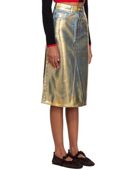 Ganni Blue Gold Foil Coated Denim Midi Skirt In Black Lyst