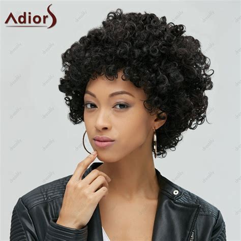 2018 Short Adiors Shaggy Full Bang Afro Curly Synthetic Hair Wig BLACK