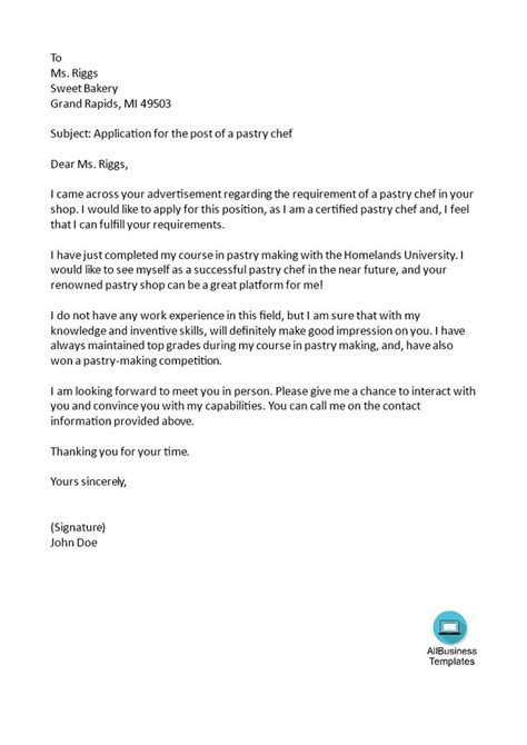 Pastry Chef Cover Letter Sample