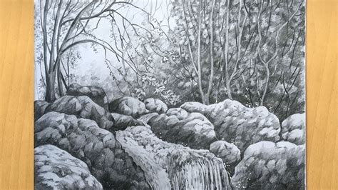 Waterfall Beautiful Scenery Drawing With Pencil - dimecorazonteestoyescuchando