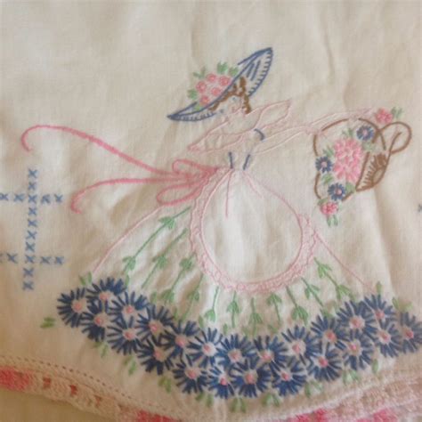 Vintage Single White Hand Embroidered Crinoline Lady Pillowcase