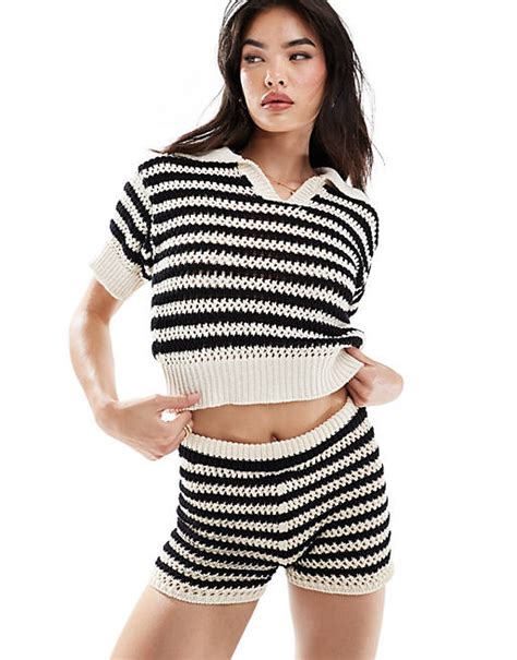 Asos Design Knitted Stripe Polo Top Co Ord In Mono Asos