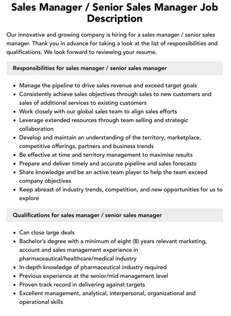 Sales Manager Senior Sales Manager Job Description Velvet Jobs