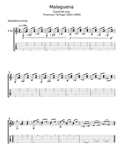 Malagueña Francisco Tárrega Sheet Music For Guitar Mixed Duet