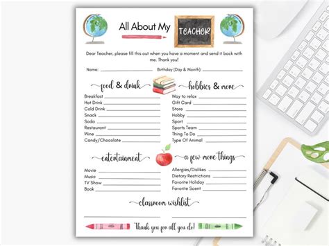 All About My Teacher Printable Questionnaire Teacher Favorite Things