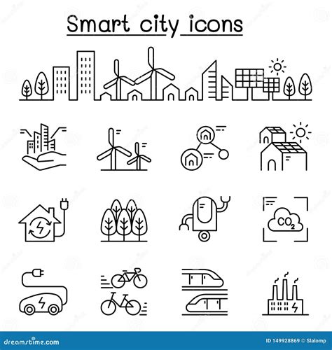 Smart City Sustainable Town Eco Friendly City Icon Set In Thin Line