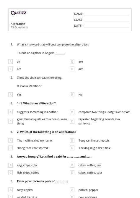 Alliteration Worksheets For Th Class On Quizizz Free Printable