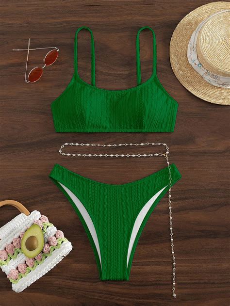 Bañador bikini liso con cadena con cinturón Moda de Mujer SHEIN México