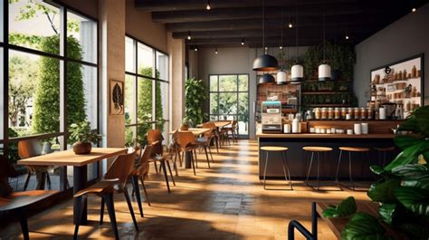 Contemporary Cafe Interior In 3d Render Background, Restaurant Interior ...