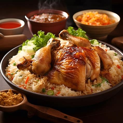 Premium AI Image | roasted chicken and rice served on the table