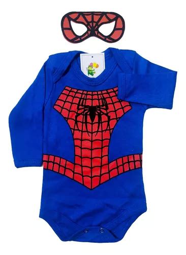 Body Bebê Temático Manga Longa Homem Aranha Azul Máscara