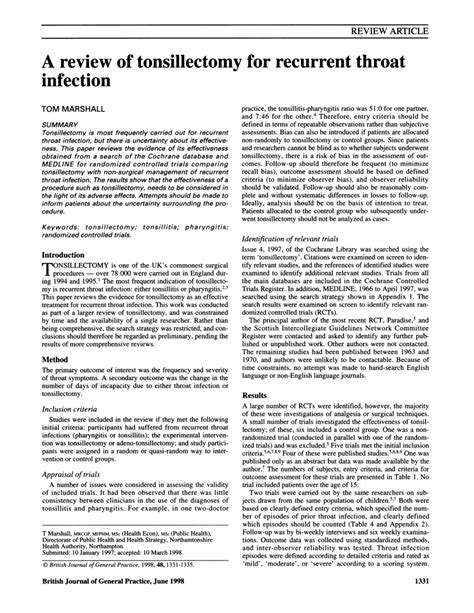 PDF A Review Of Tonsillectomy For Recurrent Throat Infection