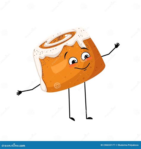 Cute Cinnamon Pastry Bun Character With Happy Emotions Stock Vector