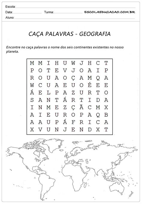 Atividade de Caça Palavras Geografia Atividades sobre continentes