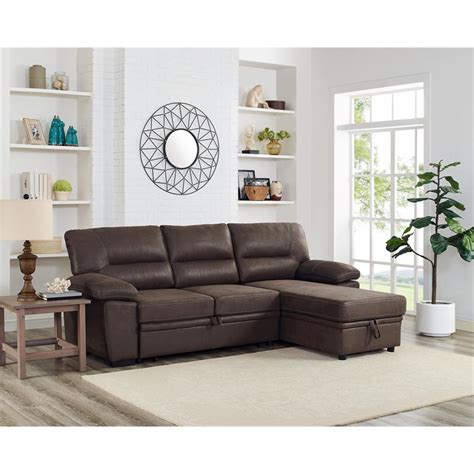 Ashton Saddle Brown Microfiber Reversible Sleeper Sectional Sofa