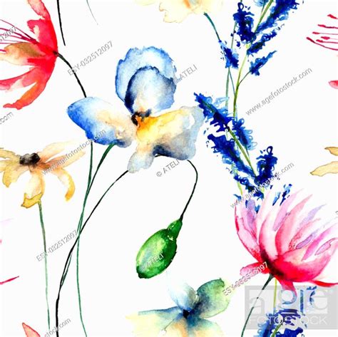 Seamless wallpaper with Wild flowers, watercolor illustration, Stock Photo, Picture And Low ...