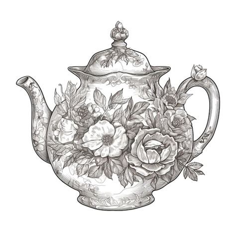 A Drawing Of A Teapot With Flowers On It Generative Ai Premium AI