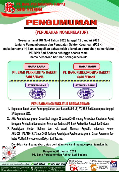 Pengumuman Perubahan Nomenklatur Bank Sari Sedana