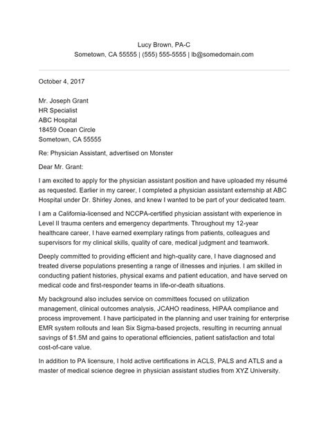 Free Physician Assistant Cover Letter Template Example On