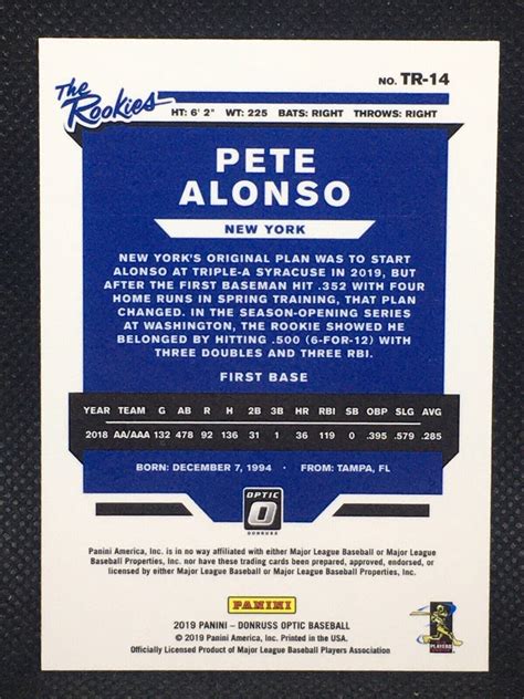 2019 Donruss Optic PETE ALONSO RC PANINI NEW YORK METS Rookie 14 The