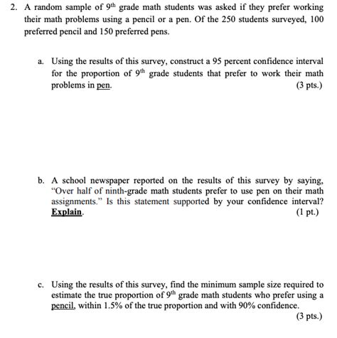 Solved A Random Sample Of Th Grade Math Students Was Chegg