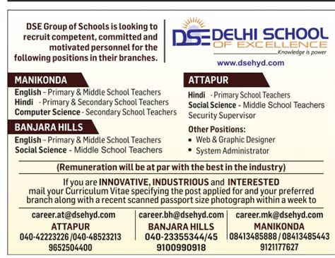 Delhi School of Excellence, Manikonda, Attapur, Banjara Hills Wanted ...