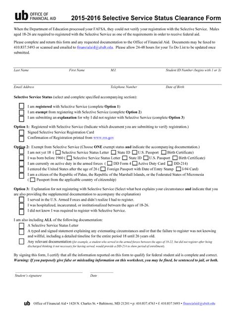 Fillable Online Ubalt Selective Service Status Clearance Form