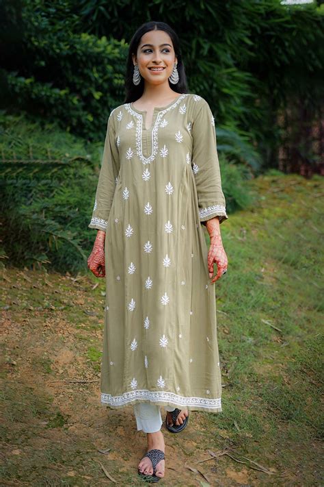 Buy Saksh Beige Cotton Modal Embroidered Flared Kurta Online Aza Fashions