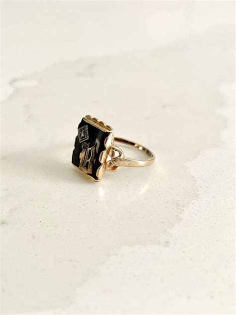 10K Gold Black Onyx Signet Ring With Diamond Silve Gem