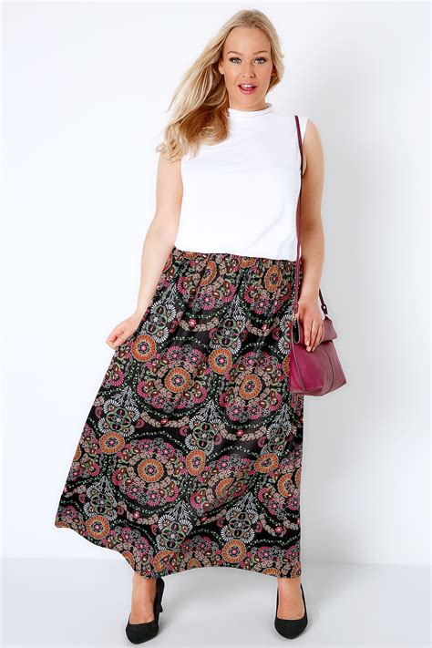 Black And Multi Circle Gypsy Print Jersey Maxi Skirt Plus Size 16 To 36