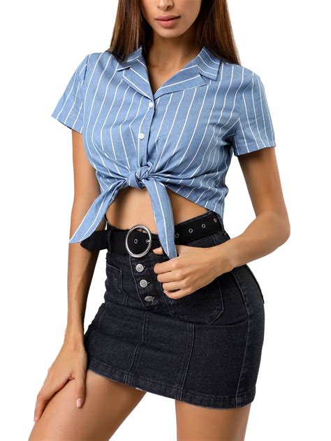 Unique Bargains Womens Striped Button Up Short Sleeve Tie Front Crop Shirt