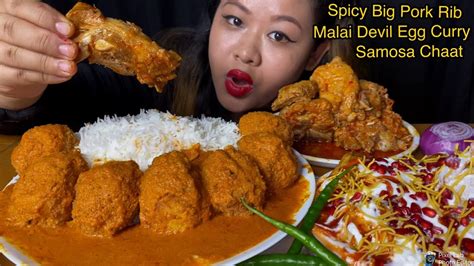 Spicy Big Pork Rib Malai Devil Egg Curry Samosa Chaat Eating Asmr