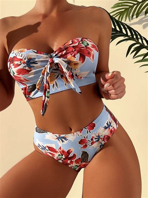 SHEIN Swim Vcay Floral Print Knot Front Bandeau Bikini Swimsuit SHEIN USA