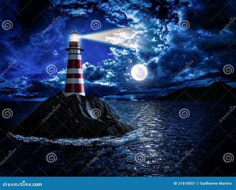 Lighthouse at moonlight stock illustration. Illustration of navigation ...