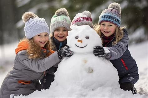 Premium Photo | Group of kids building a snowman generative by ai