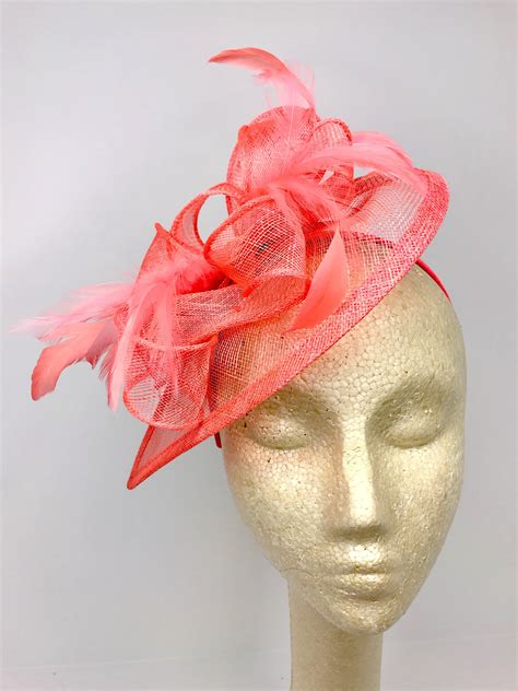 Coral Pink Fascinator Tea Party Hat Church Hat Derby Hat Etsy Uk