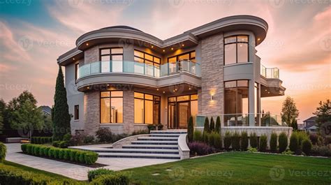 Exterior of modern luxury house with garden and beautiful sky 23309311