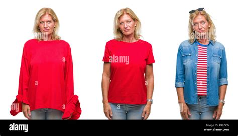 Collage Of Beautiful Middle Age Blonde Woman Over White Isolated Backgroud Depressed And Worry