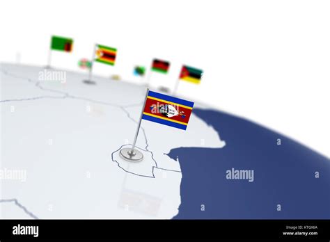 Swaziland Flag Country Flag With Chrome Flagpole On The World Map With