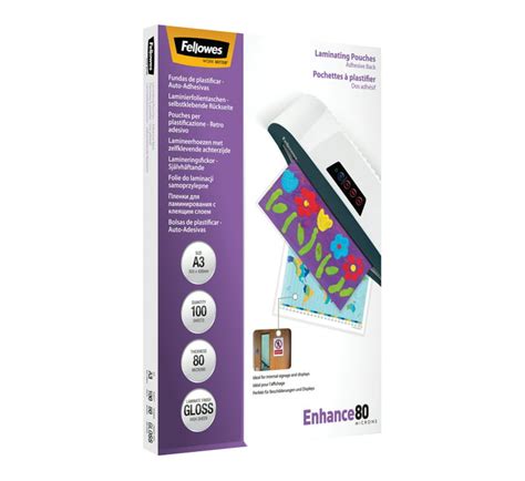 Fellowes A3 Enhance 80 Micron Gloss Laminating Pouches 100 Pack Makro