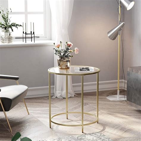 Vasagle Round Side Table Tempered Glass End Table With Golden Metal Fr