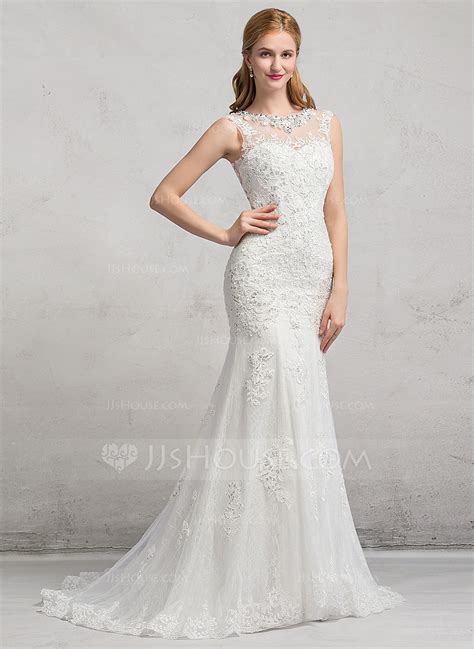 Trumpet Mermaid Scoop Neck Sweep Train Tulle Lace Wedding Dress With