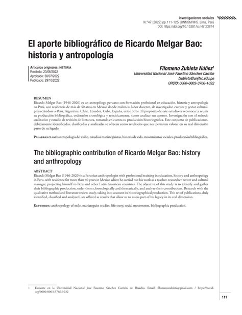 PDF El aporte bibliográfico de Ricardo Melgar Bao historia y