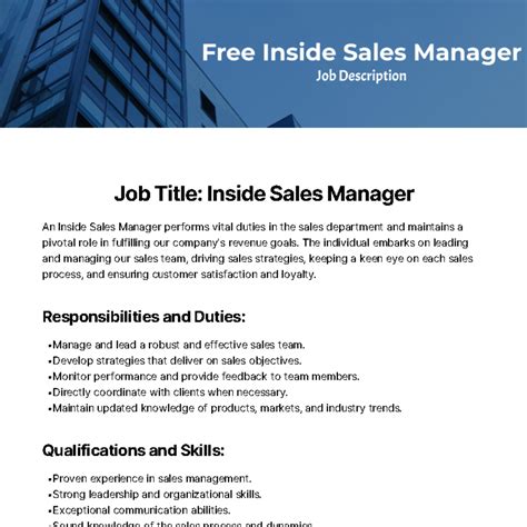 Free Inside Sales Manager Job Description Template Edit Online