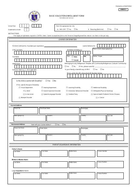 Philippines Basic Education Enrollment Form Fill Out Sign Online And