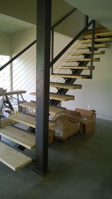 Custom Single Stringer Staircase Posts And Cable Railing Open